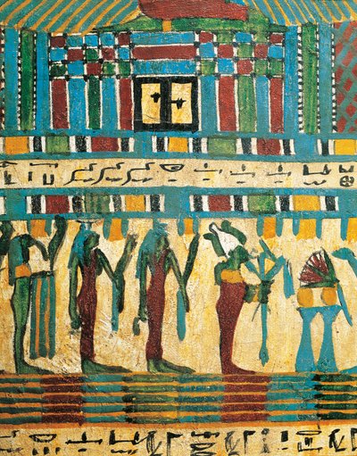 Verputztes und bemaltes Holztafel-Detail mit Gerichtskammer und Gott Osiris, gefolgt von Gottheiten, aus dem Sarkophag von Usai, Theben von Egyptian 26th Dynasty