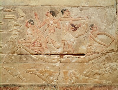 Relief, das Männer in einem Boot darstellt, aus dem Grab der Prinzessin Idut, Altes Reich, ca. 2330 v. Chr. (bemalter Kalkstein) von Egyptian 6th Dynasty