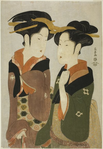 Kan, eine Kellnerin des Izutsuya, und die Geisha Fuseya des Ogiya von Eishōsai Chōki