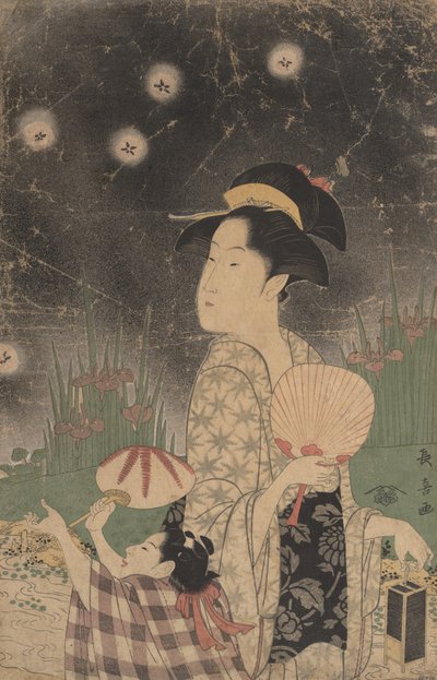 Frau und Kind fangen Glühwürmchen, ca. 1793 von Eishōsai Chōki