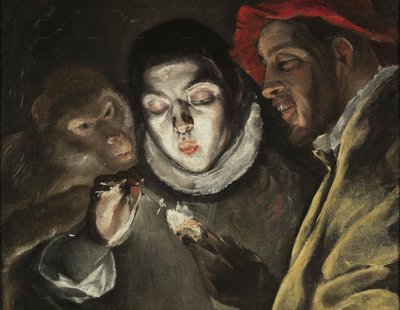 Eine Allegorie mit einem Jungen, der in Gesellschaft eines Affen und eines Narren eine Kerze anzündet (Fábula) von El Greco