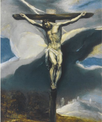 Christus am Kreuz in einer Landschaft von El Greco