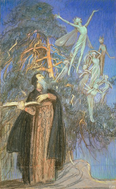 Prospero und Ariel, eine Studie für ein verlorenes Bild, in Auftrag gegeben für Broadcasting House, London, ca. 1931 von Eleanor Fortescue Brickdale