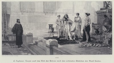 Der antike griechische Künstler Zeuxis wählt aus den schönsten Frauen der Stadt Kroton das Modell für sein Gemälde von Helena von Troja (Stich) von Eleuterio Pagliano