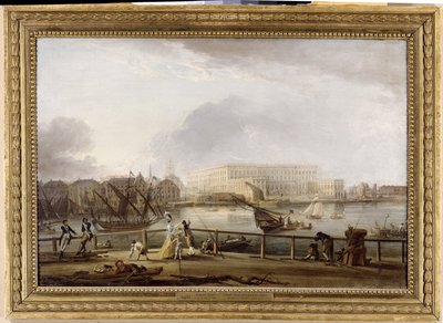 Blick auf das Stockholmer Schloss von der Skeppsholm-Brücke von Elias Martin