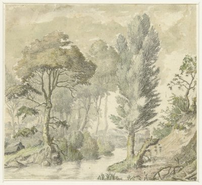 Waldlandschaft mit einem Hügel rechts und Wasser in der Mitte von Elias van Nijmegen