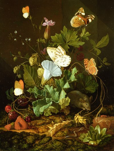 Stillleben eines Waldbodens mit Blumen, einer Maus und Schmetterlingen von Elias van den Broeck
