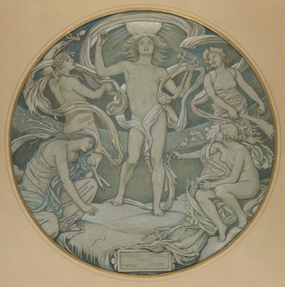 Karikatur für den Mittelkreis der Huntington-Decke: Apollo und Begleiter von Elihu Vedder