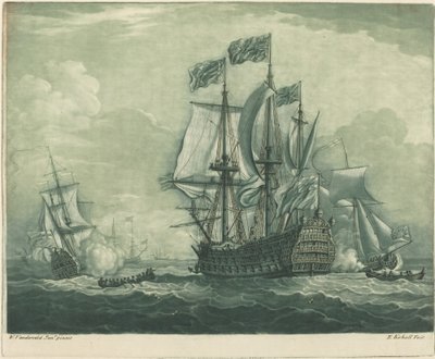 Schiffsszene mit Kriegsschiff von Elisha Kirkall after Willem van de Velde the Younger