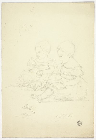 Zwei sitzende Mädchen (recto), ein Stillleben und zwei Tiere (verso) von Elizabeth Murray