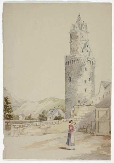 Frau und Kind vor ummauerter Stadt mit Turm von Elizabeth Murray