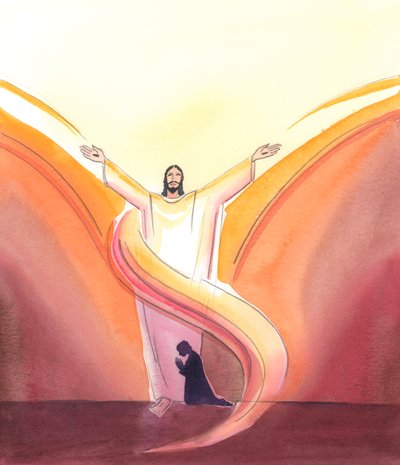 Christus ist wirklich im Tabernakel gegenwärtig, betet ständig für uns, seine Arme im Gebet zum Vater ausgestreckt, den Christus in der Herrlichkeit sieht, die wir noch nicht sehen können von Elizabeth Wang