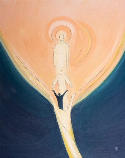 Christus neigt sich vom Himmel herab und zieht uns mit der Kraft des Heiligen Geistes zum Herzen Gottes. von Elizabeth Wang