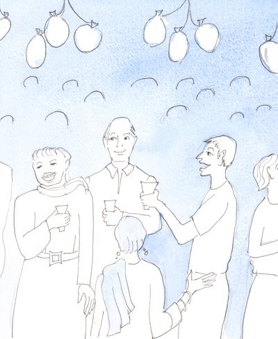 Christus schaut mit Freude zu, wenn wir das Leben oder gute Nachrichten feiern, indem wir Essen und Trinken mit Freunden teilen, auf einer Party, in echter gegenseitiger Freude, mit dem Wunsch, Freude zu schenken und müde Herzen zu trösten von Elizabeth Wang