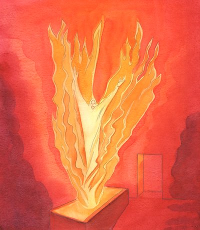Christus erhob sich in Herrlichkeit aus dem Grab zu Ostern, verwandelt, wie in einem lodernden Feuer der Nächstenliebe, als der Heilige Geist ihn von den Fesseln des Todes befreite von Elizabeth Wang