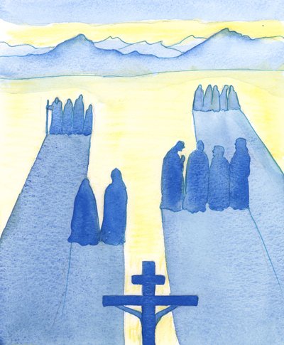Christus sah vom Kreuz aus eine Menge von Zuschauern: die Verwirrten, die Neugierigen, die Feindseligen und die Sympathischen von Elizabeth Wang