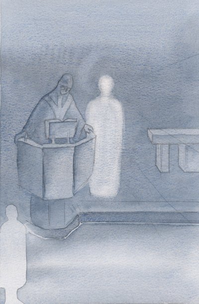 Christus stand neben dem Priester, der uns allen das Heilige Evangelium vorlas, das Christi eigenes Wort war von Elizabeth Wang