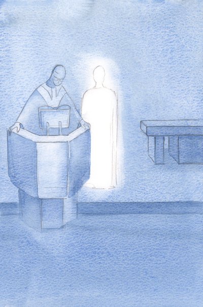 Christus stand neben dem Priester, der uns das Heilige Evangelium vorlas, das Christi eigenes Wort war. von Elizabeth Wang