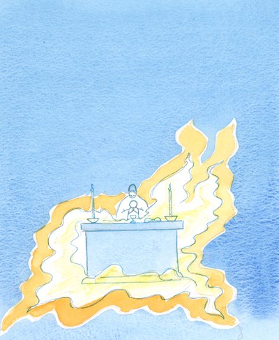 Flammen lodern aus der Vorderseite des Altars von Elizabeth Wang