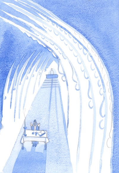 Heilige Engel, hoch oben, umgeben unseren Altar, blicken darauf und sind bereit, unseren Herrn anzubeten, wenn er vor uns gegenwärtig wird, 2001 von Elizabeth Wang