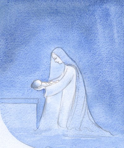 Wie einfach legte Maria, kniend, ihr Baby zum Schlafen nieder, ohne sich Gedanken über ihre eigene privilegierte Rolle zu machen. von Elizabeth Wang