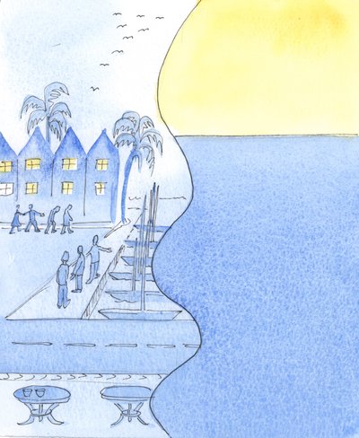 In einer Küstenstadt können wir die belebten Straßen und den Hafen betrachten oder den Himmel und das ruhige Meer bewundern von Elizabeth Wang