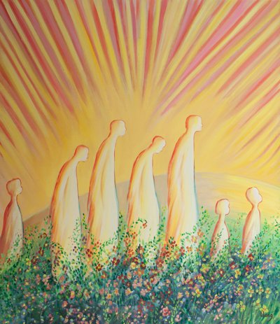 Gereinigte Seelen wandeln nun in Freude und Einfachheit auf einem Teppich aus Blumen, befreit von aller Zynik und Hartherzigkeit von Elizabeth Wang