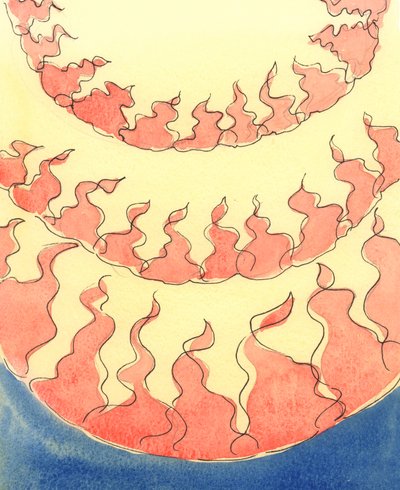Reihe um Reihe von Flammen sind in den Tiefen der Hölle zu sehen, wo sich - aufgrund ihrer eigenen Entscheidungen - reuelose Seelen befinden, die bis zum Tod in Lust, Stolz oder Ungehorsam lebten oder Mitgefühl vermissten von Elizabeth Wang