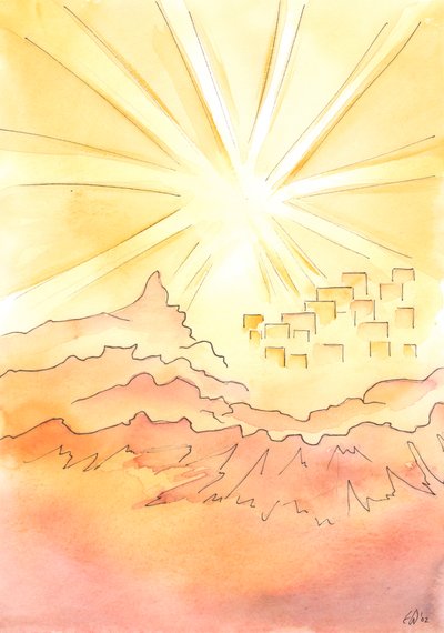 Auf der Erde in glückseliger Vereinigung mit Gott zu leben, bedeutet, so zu leben, als wäre man am Rande der himmlischen Stadt, auf dem Berggipfel, weit über dem dunklen Pfad unten von Elizabeth Wang