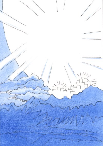 Auf Erden in glücklicher Vereinigung mit Gott zu leben, ist wie am Rande der Himmlischen Stadt zu leben, auf dem Berggipfel, weit über dem dunklen Pfad unten, 2002 von Elizabeth Wang