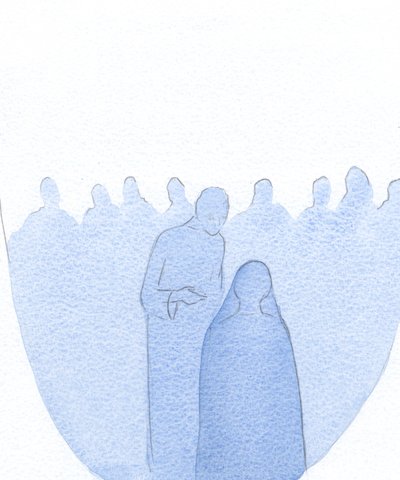 Als das Jesuskind im Tempel gefunden wurde, beugte es sich vor und erklärte seiner Heiligen Mutter leise (mit unendlicher Güte), dass seine Arbeit bereits begonnen hatte. von Elizabeth Wang