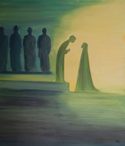 Als das Jesuskind im Tempel gefunden wurde, beugte es sich vor und erklärte seiner Heiligen Mutter leise (mit unendlicher Güte), dass seine Arbeit bereits begonnen hatte. von Elizabeth Wang