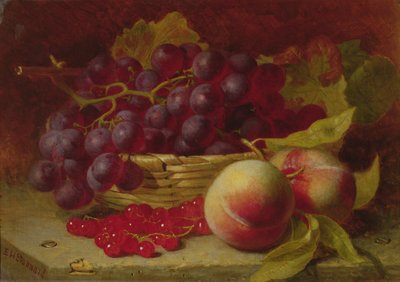 Stillleben mit roten Johannisbeeren, Pfirsichen und Trauben in einem Korb von Eloise Harriet Stannard