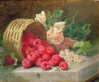 Umgestürzter Korb mit Himbeeren und weißen Johannisbeeren von Eloise Harriet Stannard