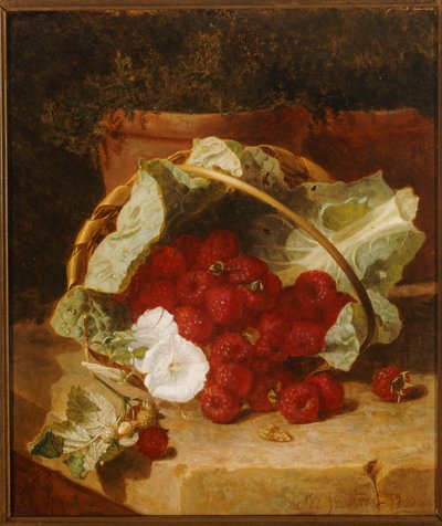 Himbeeren in einem mit Kohlblättern ausgekleideten Korb mit weißem Windröschen auf einem Steinsims, 1880 von Eloise Harriet Stannard