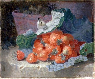 Erdbeeren in einem Kohlblatt mit einem Blumentopf dahinter von Eloise Harriet Stannard