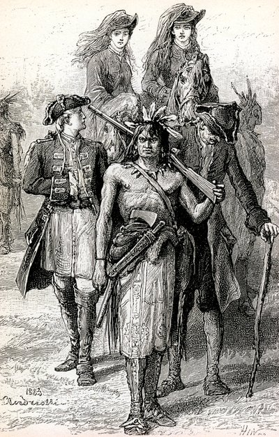 Magua führt Colonel Munros Töchter, mit Major Duncan Heyward und David La Gamme von Elviro Michael Andriolli