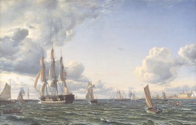 Das Linienschiff "Valdemar" kreuzt den Sund bei frischem Bramsegelschlag von Emanuel Larsen