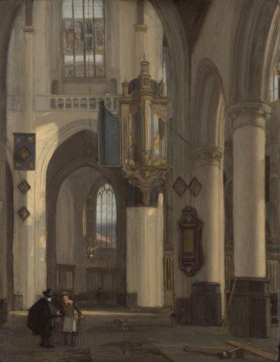 Innenraum einer protestantischen gotischen Kirche mit Motiven aus der Oude und Nieuwe Kerk in Amsterdam von Emanuel de Witte