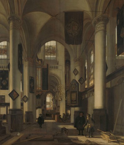 Innenansicht einer protestantischen gotischen Kirche mit Motiven aus der Oude und Nieuwe Kerk in Amsterdam von Emanuel de Witte