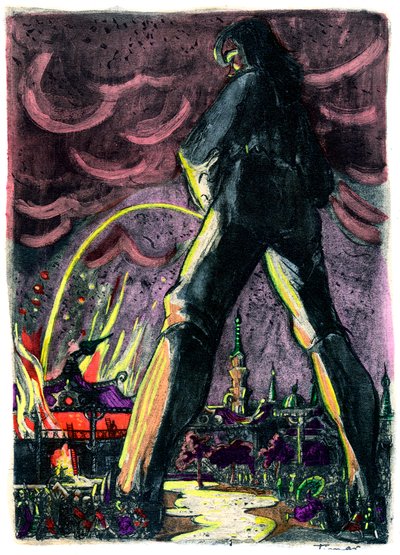 Gulliver uriniert auf Flammen, um das Feuer im Palast der Kaiserin von Lilliput zu löschen von Emeric Timar