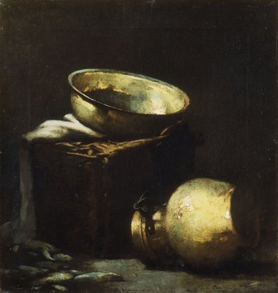 Stillleben mit Kupfertöpfen und schwarzem Fisch von Emil Carlsen