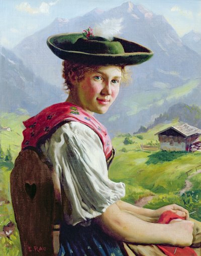 Mädchen mit Hut in Berglandschaft von Emil Karl Rau