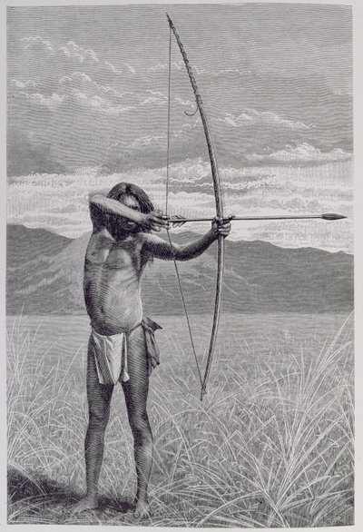 Ein Veddah aus Ceylon schießt mit dem Bogen, aus 