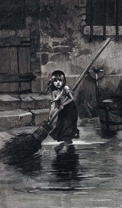 Szene aus Les Miserables von Victor Hugo: Cosette beim Fegen (Gravur) von Emile Antoine (after) Bayard