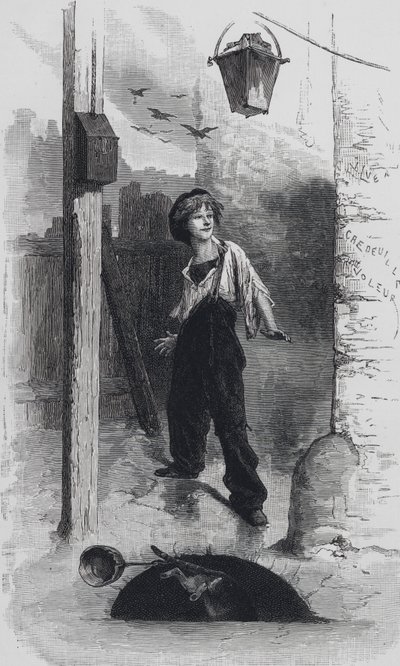 Szene aus Les Miserables von Victor Hugo: Gavroche (Stich) von Emile Antoine (after) Bayard
