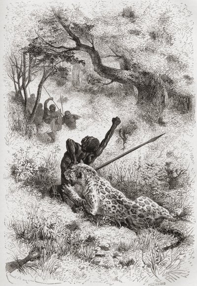 Ein Leopard greift einen Afrikaner an, Illustration aus 