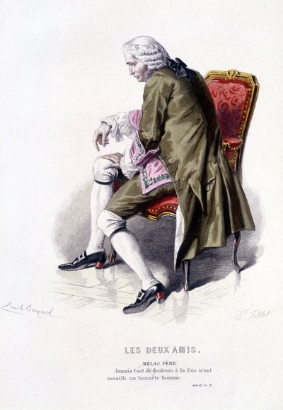 Gesamtwerk von Beaumarchais (1732-1799) von Edouard Fournier. Zeichnung von Emile Bayard. Ed. Laplace, Sanchez et Cie, Paris 1876. Dies ist Melac Vater in „Die zwei Freunde“ von Emile Antoine Bayard