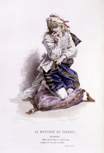 Gesamtwerk von Beaumarchais (1732-1799) von Edouard Fournier. Zeichnung von Emile Bayard. Ed. Laplace, Sanchez et Cie, Paris 1876. Dies ist Suzanne in „Die Hochzeit des Figaro“ von Emile Antoine Bayard
