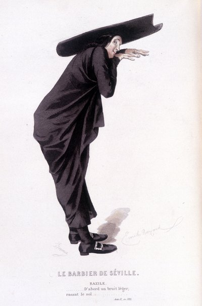 Gesamtwerk von Beaumarchais (1732-1799) von Edouard Fournier. Zeichnung von Emile Bayard. Ed. Laplace, Sanchez et Cie, Paris 1876. Dies ist Bazile in „Der Barbier von Sevilla“ von Emile Antoine Bayard